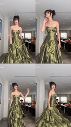 Retro Ball Gowns Strapless Green Ruffles Satin Long Prom Dresses Prom Dress