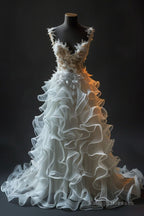 Retro Ball Gowns Straps Neckline Organza White Long Ruffles Wedding Dress