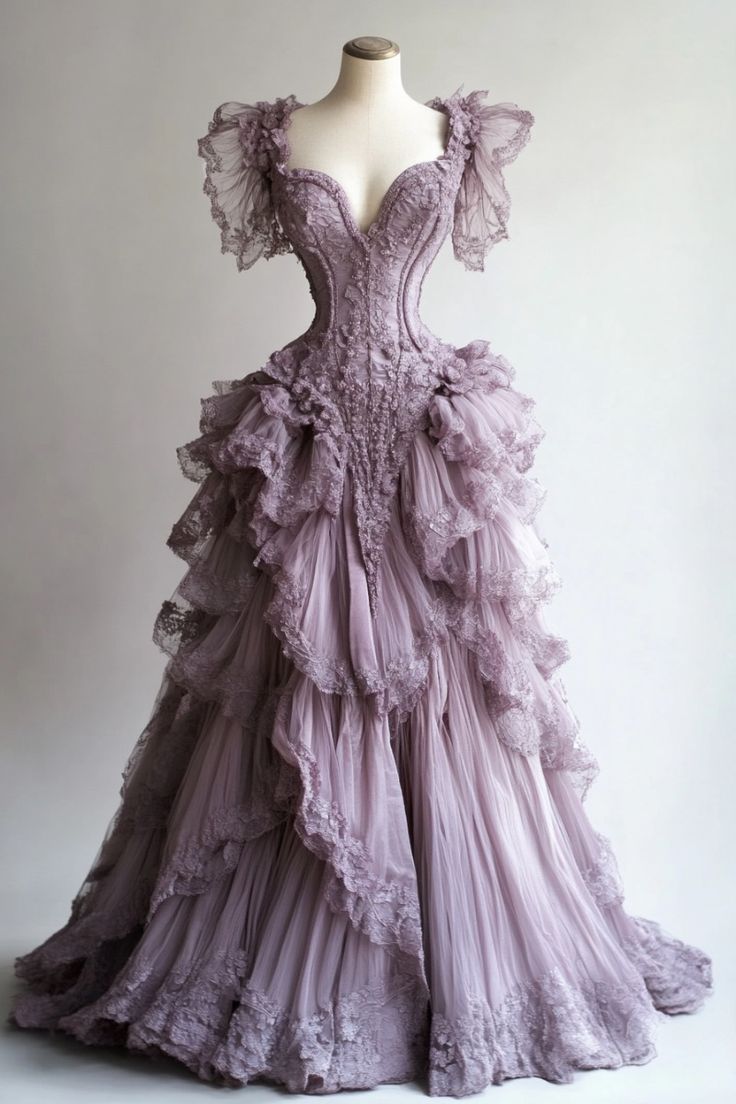Retro Ball Gown Sweetheart Layers Lilac Tulle Party Dress Long Prom Dresses Evening Dress Main image