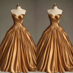 Retro Ball Gown Sweetheart Satin Gold Party Dress Prom Dresses Evening Dress