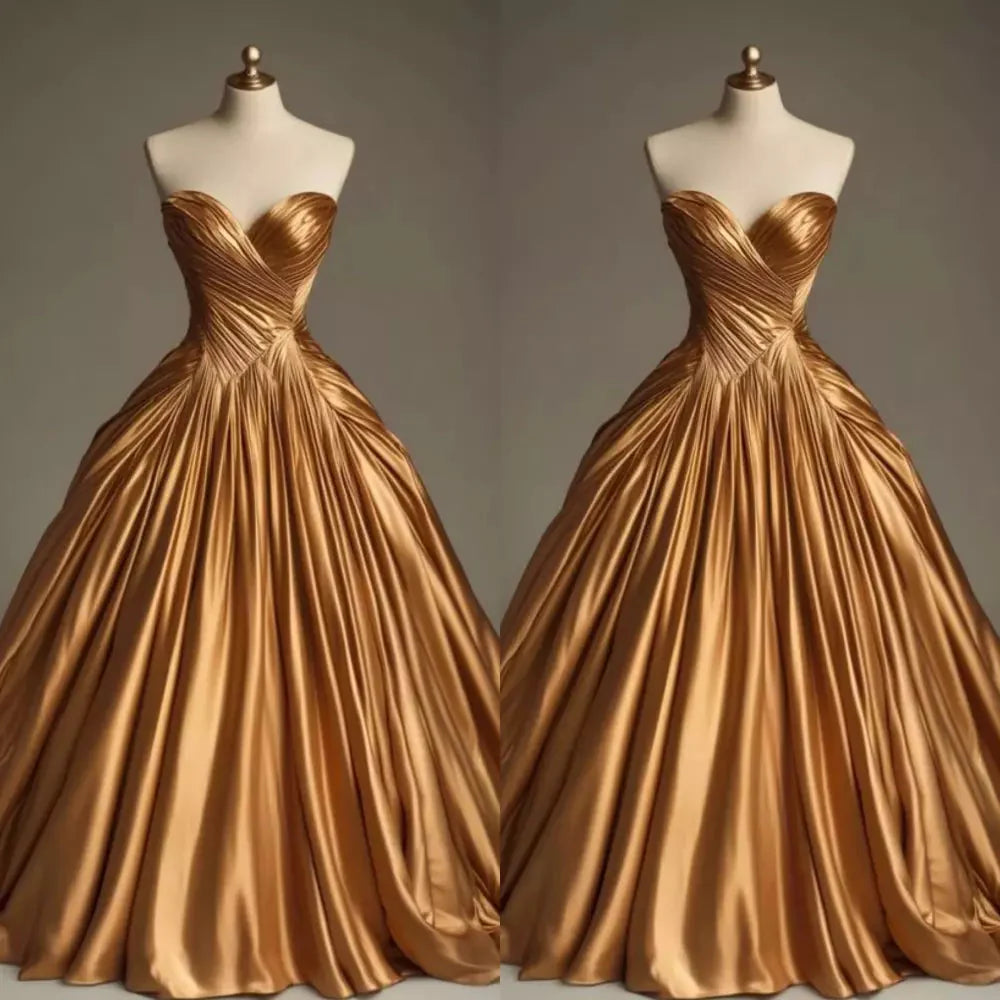 Retro Ball Gown Sweetheart Satin Gold Party Dress Prom Dresses Evening Dress