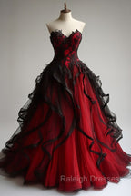 Retro Ball Gown Sweetheart Tulle Red Party Dress Black Prom Dress Evening Dress