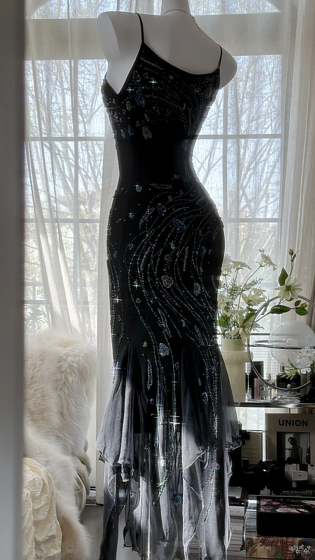 Retro Beautiful Shoulder Strap Beaded Chiffon Irregular Skirt Formal Prom Dress