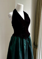 Retro Black And Green A-Line Halter Neck Velvet And Satin Formal Prom Dress