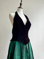 Retro Black And Green A-Line Halter Neck Velvet And Satin Formal Prom Dress