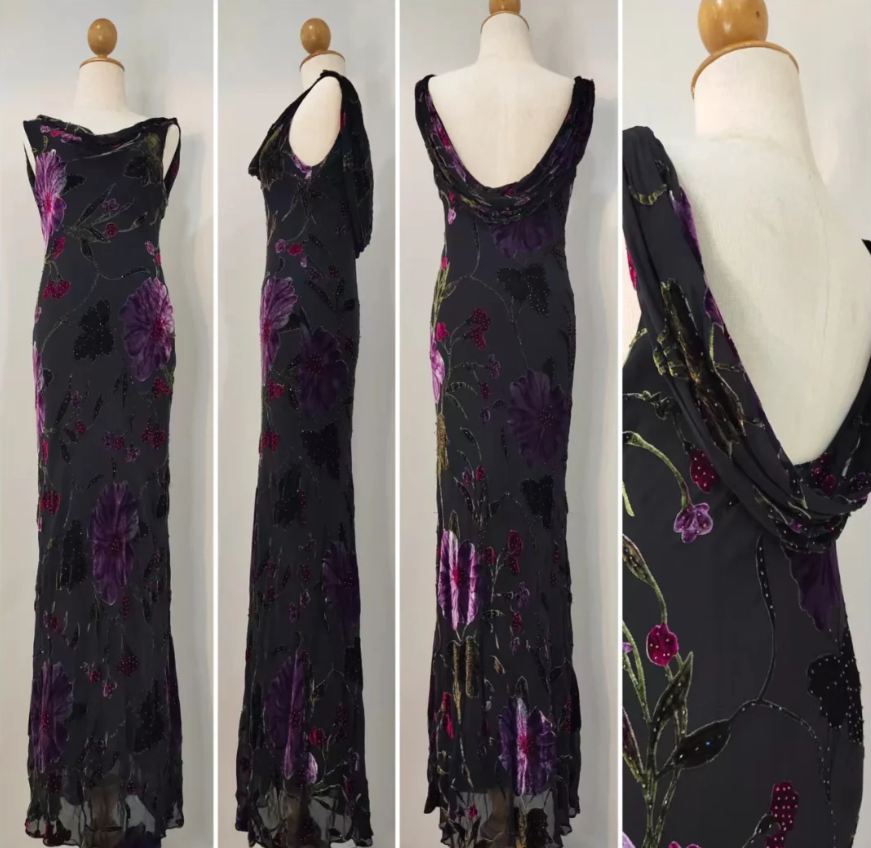 Retro Black Mermaid Neckline Embroidered Floral Backless Chiffon Long Formal Prom Dress