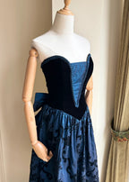 Retro Blue And Black A-Line Strapless Bow Jacquard Velvet Long Formal Prom Dress