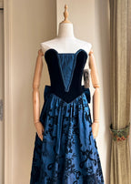 Retro Blue And Black A-Line Strapless Bow Jacquard Velvet Long Formal Prom Dress
