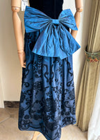 Retro Blue And Black A-Line Strapless Bow Jacquard Velvet Long Formal Prom Dress