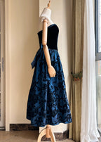 Retro Blue And Black A-Line Strapless Bow Jacquard Velvet Long Formal Prom Dress