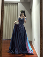 Retro Elegant Blue-Purple Off-Shoulder Hand-Pleated Satin Formal Prom Dress