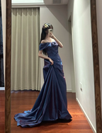 Retro Elegant Blue-Purple Off-Shoulder Hand-Pleated Satin Formal Prom Dress