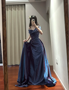 Retro Elegant Blue-Purple Off-Shoulder Hand-Pleated Satin Formal Prom Dress
