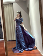 Retro Elegant Blue-Purple Off-Shoulder Hand-Pleated Satin Formal Prom Dress