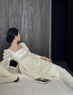 Retro Elegant Ivory A-Line Square Neck Long Sleeve Embroidered Lace Long Formal Prom Dress