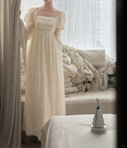 Retro Elegant Ivory A-Line Square Neck Long Sleeve Embroidered Lace Long Formal Prom Dress