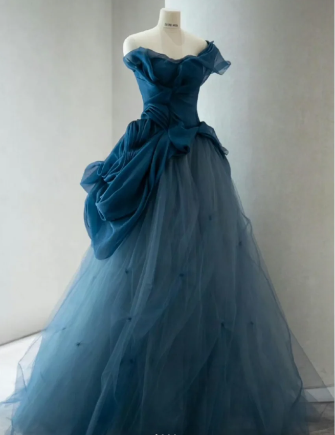 Retro Elegant Navy Blue One-Shoulder Tulle Long Ball Gown Prom Dress Secondary image