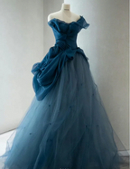 Retro Elegant Navy Blue One-Shoulder Tulle Long Ball Gown Prom Dress