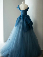 Retro Elegant Navy Blue One-Shoulder Tulle Long Ball Gown Prom Dress