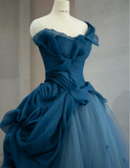 Retro Elegant Navy Blue One-Shoulder Tulle Long Ball Gown Prom Dress