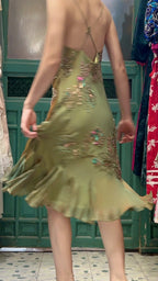 Retro Elegant Olive Green Deep V Backless Cross-Beaded Chiffon Long Formal Prom Dress