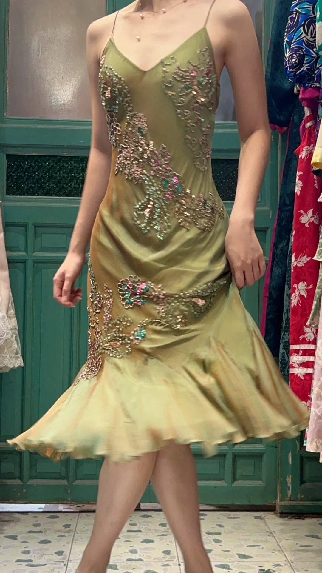 Retro Elegant Olive Green Deep V Backless Cross-Beaded Chiffon Long Formal Prom Dress