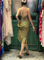 Retro Elegant Olive Green Deep V Backless Cross-Beaded Chiffon Long Formal Prom Dress