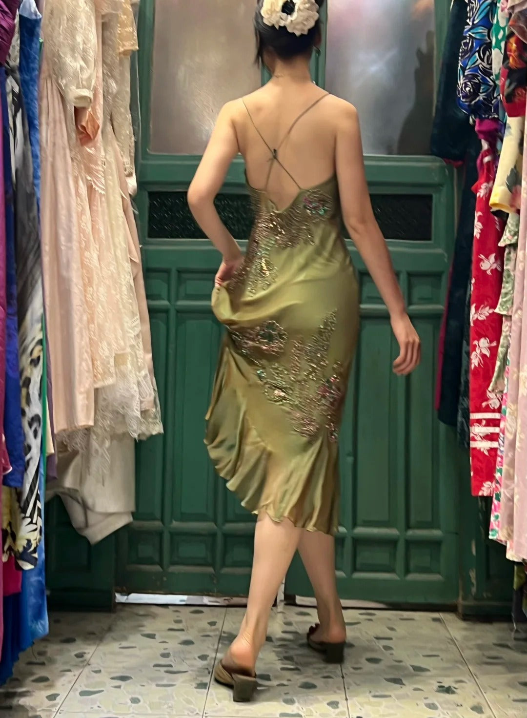 Retro Elegant Olive Green Deep V Backless Cross-Beaded Chiffon Long Formal Prom Dress