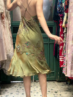 Retro Elegant Olive Green Deep V Backless Cross-Beaded Chiffon Long Formal Prom Dress
