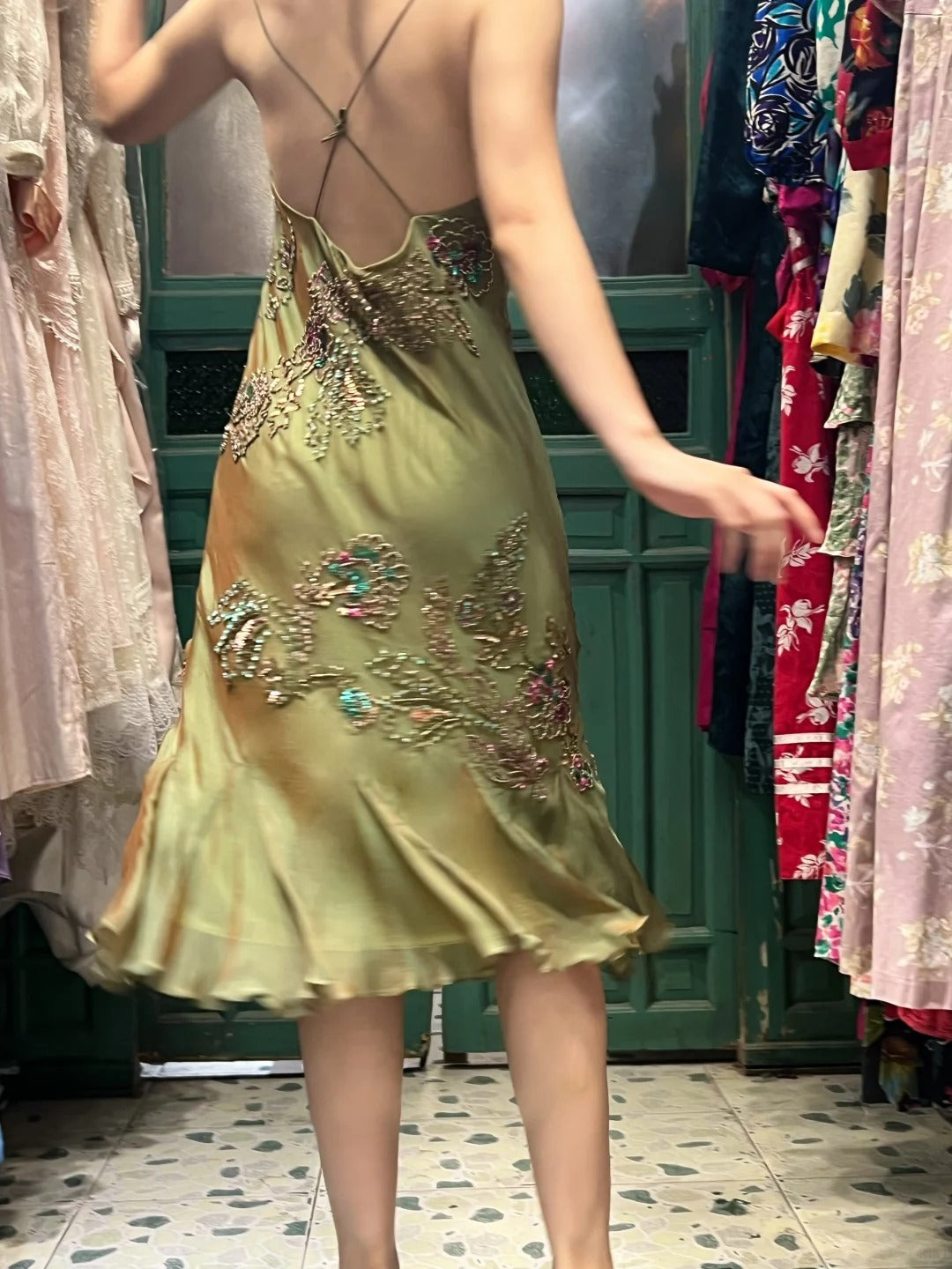 Retro Elegant Olive Green Deep V Backless Cross-Beaded Chiffon Long Formal Prom Dress