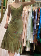 Retro Elegant Olive Green Deep V Backless Cross-Beaded Chiffon Long Formal Prom Dress