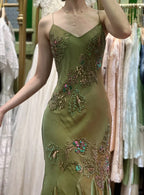 Retro Elegant Olive Green Deep V Backless Cross-Beaded Chiffon Long Formal Prom Dress