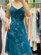Retro Elegant Peacock Blue Irregular Deep V Halter Embroidered Chiffon Formal Prom Dress