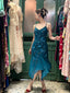 Retro Elegant Peacock Blue Irregular Deep V Halter Embroidered Chiffon Formal Prom Dress