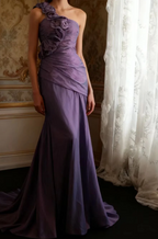 Retro Elegant Purple 3D Floral One-Shoulder Mermaid Satin Long Formal Prom Dress