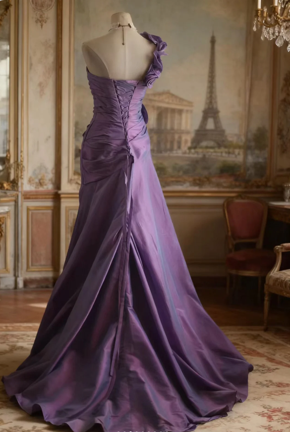 Retro Elegant Purple 3D Floral One-Shoulder Mermaid Satin Long Formal Prom Dress