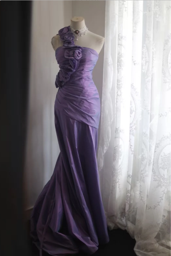 Retro Elegant Purple 3D Floral One-Shoulder Mermaid Satin Long Formal Prom Dress