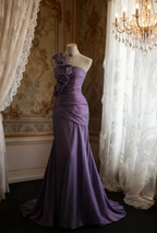 Retro Elegant Purple 3D Floral One-Shoulder Mermaid Satin Long Formal Prom Dress