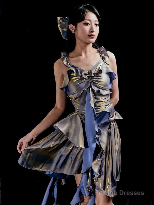 Retro High Low Irregular Spaghetti Straps Dusty Purple Short Birthday Dresses Birthday Outfit