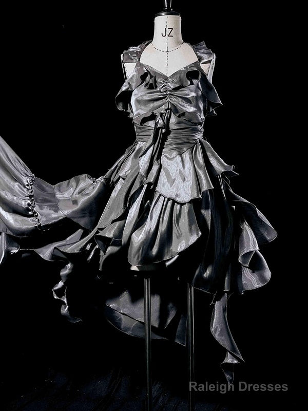 Retro High Low Irregular Spaghetti Straps Gray Short Birthday Dresses Birthday Outfits