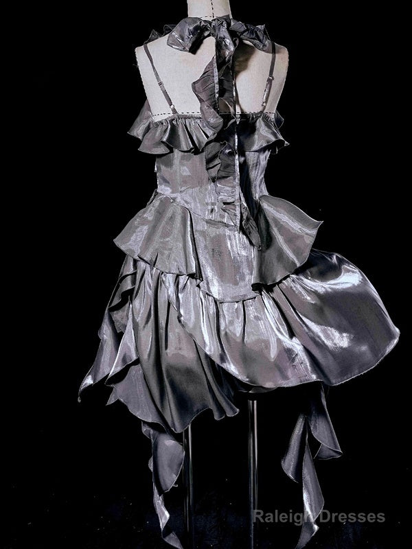 Retro High Low Irregular Spaghetti Straps Gray Short Prom Dresses Birthday Outfits