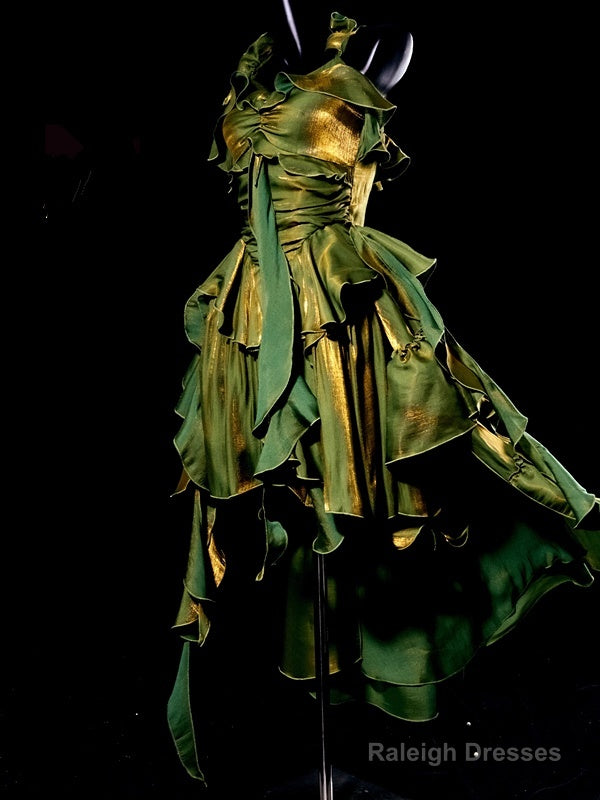 Retro High Low Irregular Spaghetti Straps Green Short Birthday Dresses Birthday Outfits With Train