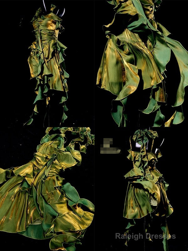 Retro High Low Irregular Spaghetti Straps Green Short Birthday Dresses Birthday Outfits With Train