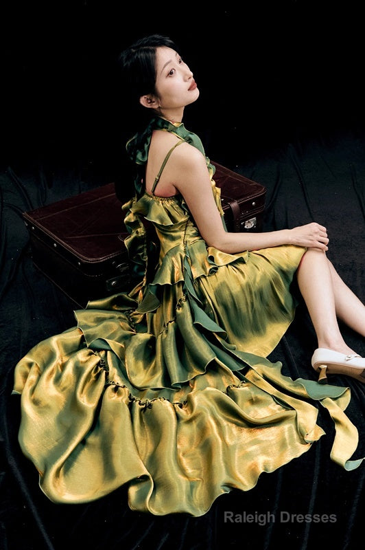 Retro High Low Irregular Spaghetti Straps Green Short Birthday Dresses Birthday Outfits With Train