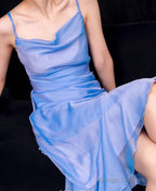 Retro High Low Spaghetti Straps Blue Knee Length Prom Dresses Birthday Outfits