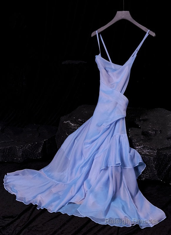 Retro High Low Spaghetti Straps Blue Knee Length Prom Dresses Birthday Outfits Main image