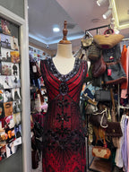 Retro Luxury Red And Black Color-Blocked V-Neck Sequined Tassel Formal Prom Dress
