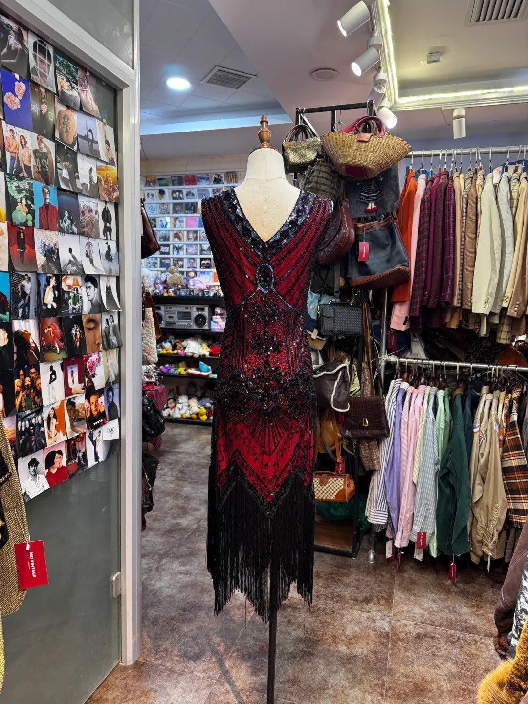 Retro Luxury Red And Black Color-Blocked V-Neck Sequined Tassel Formal Prom Dress