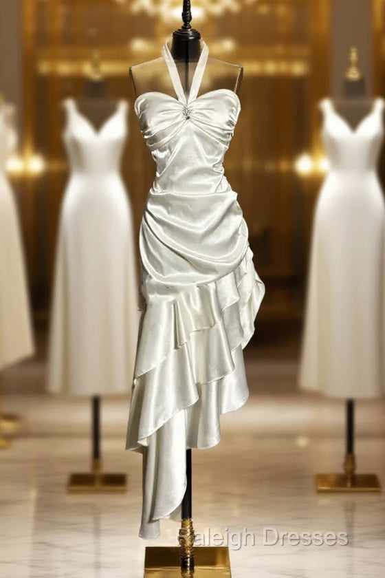 Retro Mermaid Halter Satin High Low Prom Dresses