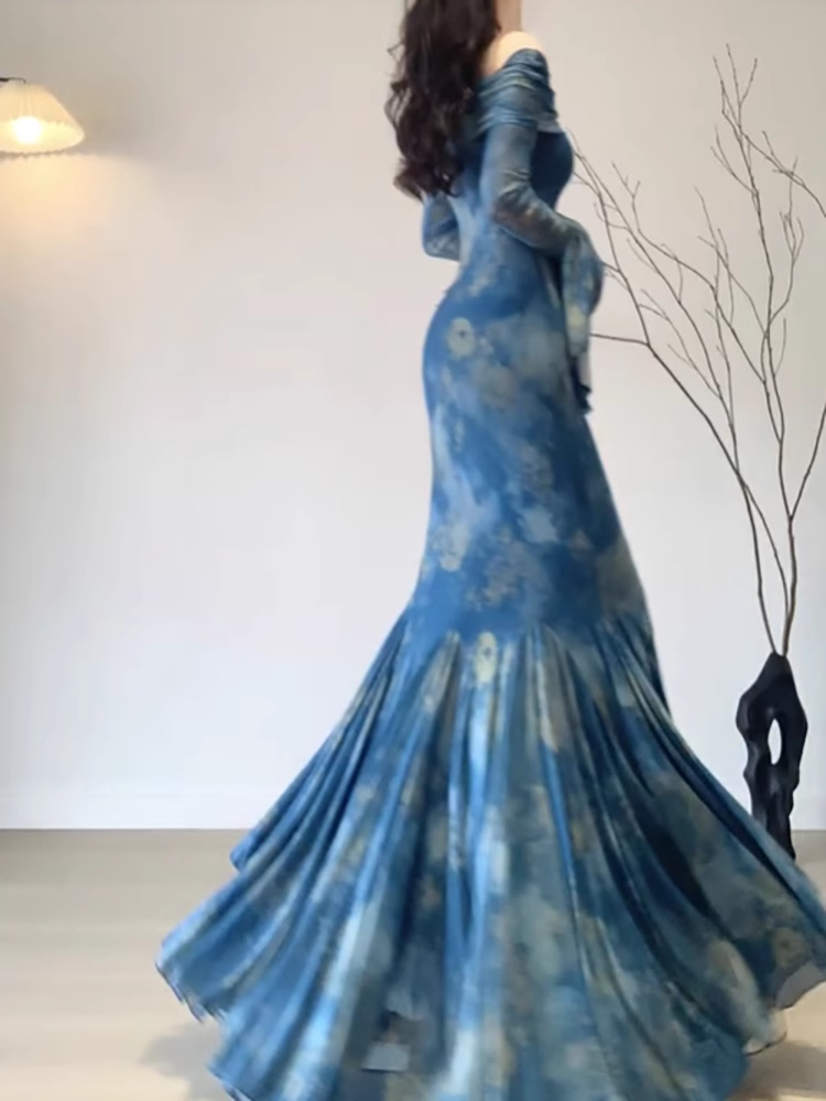 Retro Mermaid Off The Shoulder Floral Blue Long Sleeves Prom Dress Birthday Outfits